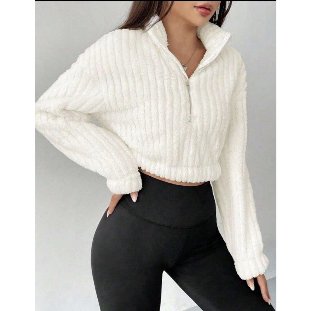SHEIN EZwear Half-Zip Drop Shoulder Cropped Sweatshirt - Size M Beige